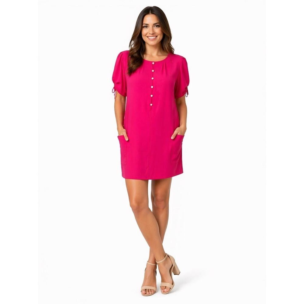 Vintage Ungaro 100% Silk Fuchsia Pink Shift Dress Size 6 Puff Sleeve Pocket Mini